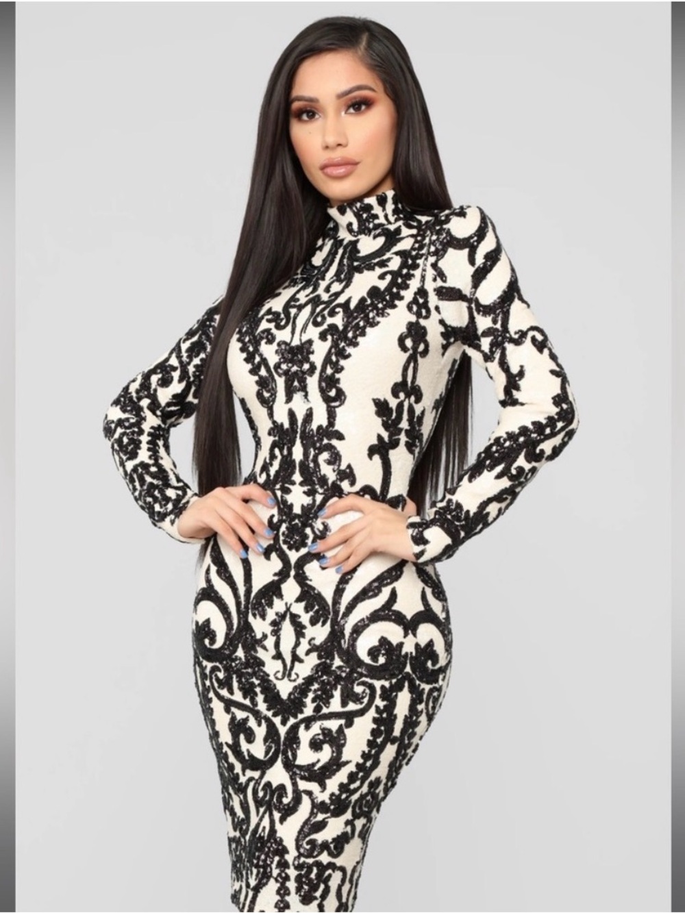 Fashion Nova Black and Cream Sequin Embellished Long-Sleeve Midi Dress